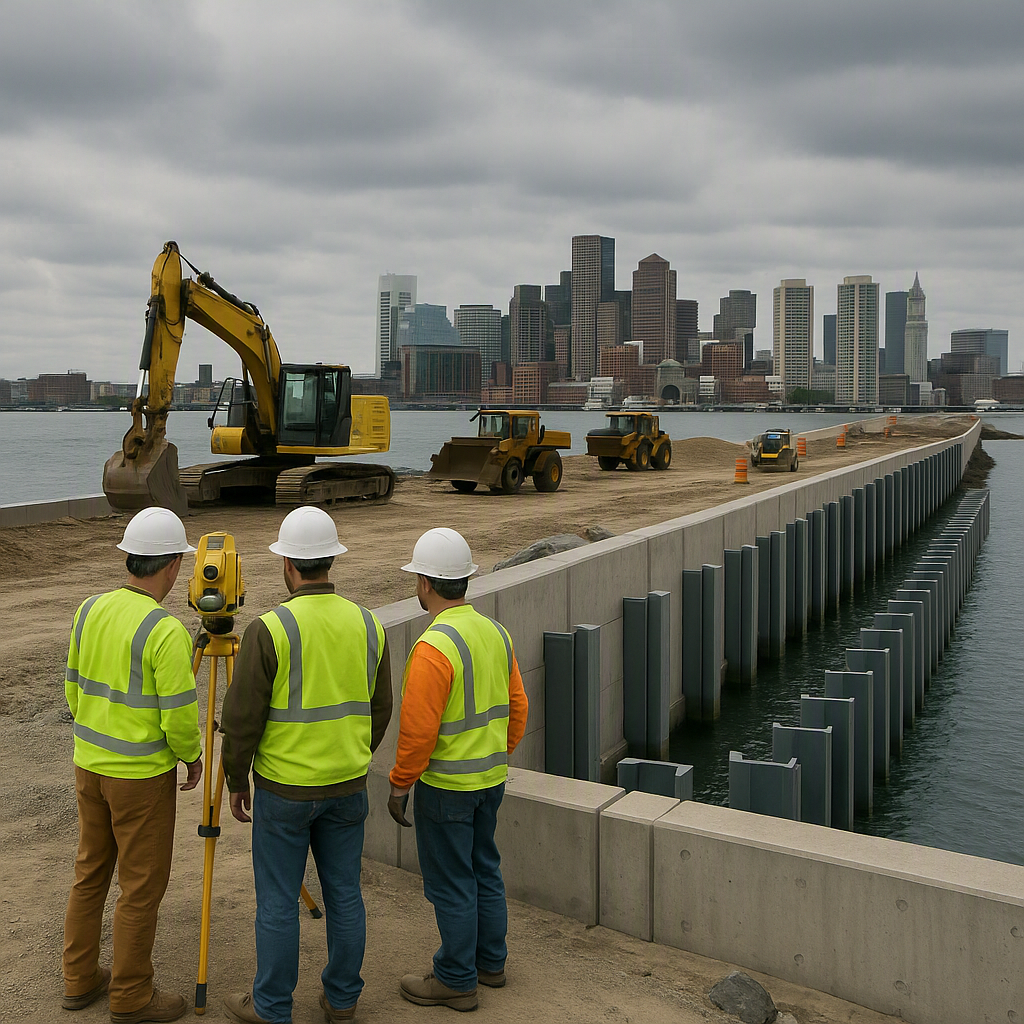 A detailed image of a coastal construction site in Boston, with workers surveying a seawall project. Include flood barri...
