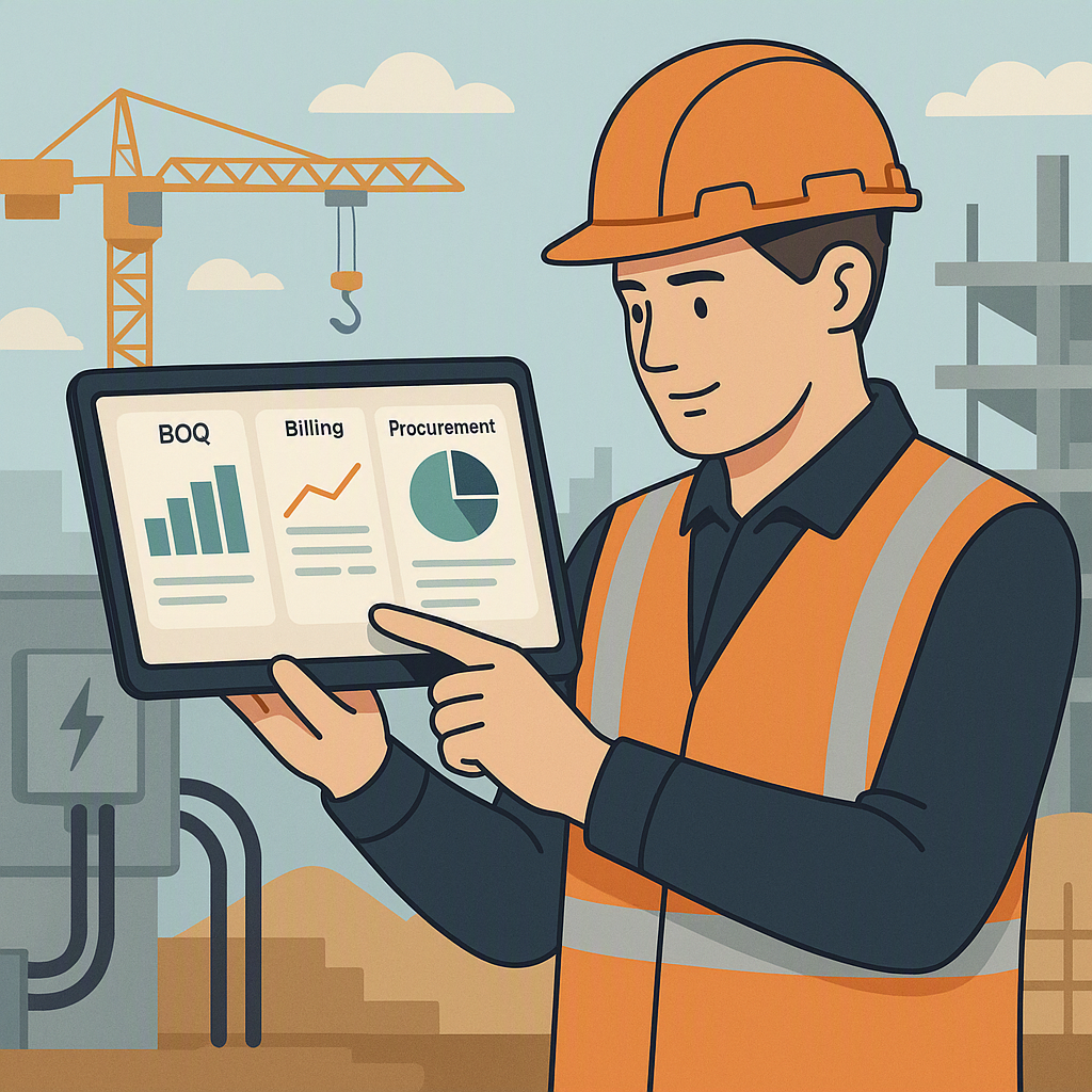 An illustration of an electrical contractor at a job site, holding a tablet displaying software dashboards for BOQ, bill...