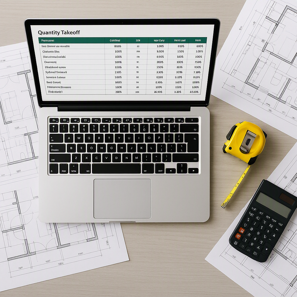 A top-down view of a construction desk with a laptop displaying a digital quantity takeoff sheet, surrounded by blueprin...