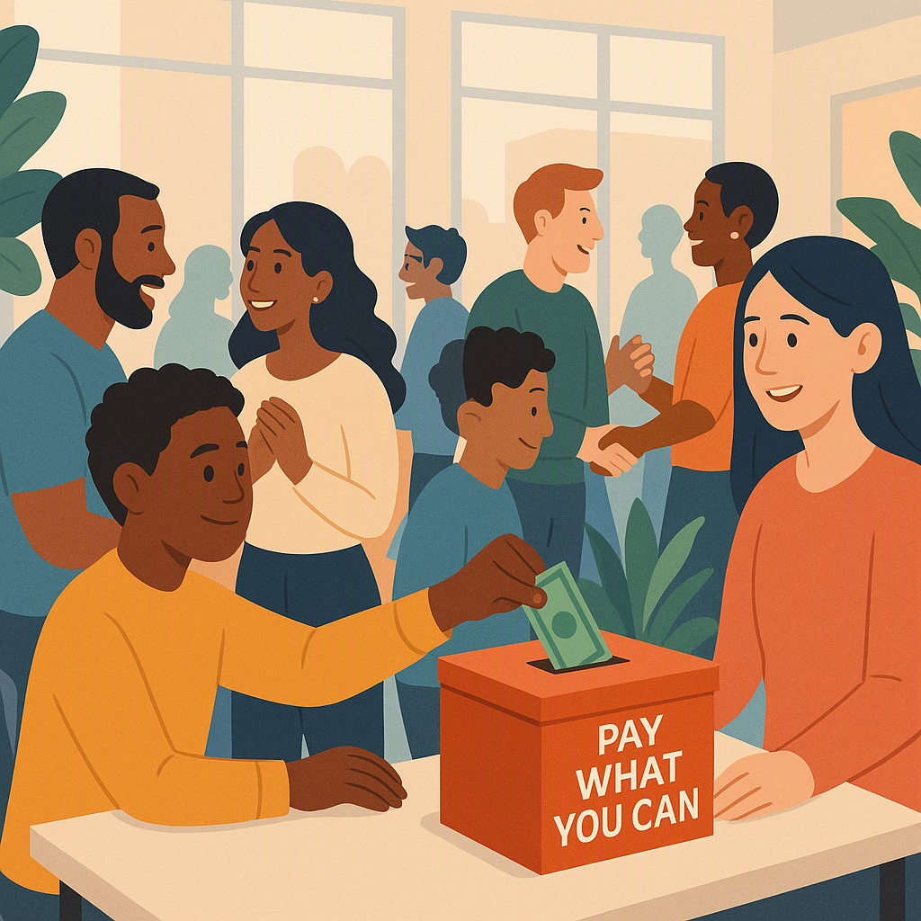 A vibrant community event scene with diverse attendees connecting, some contributing money at a donation box labeled 'Pa...