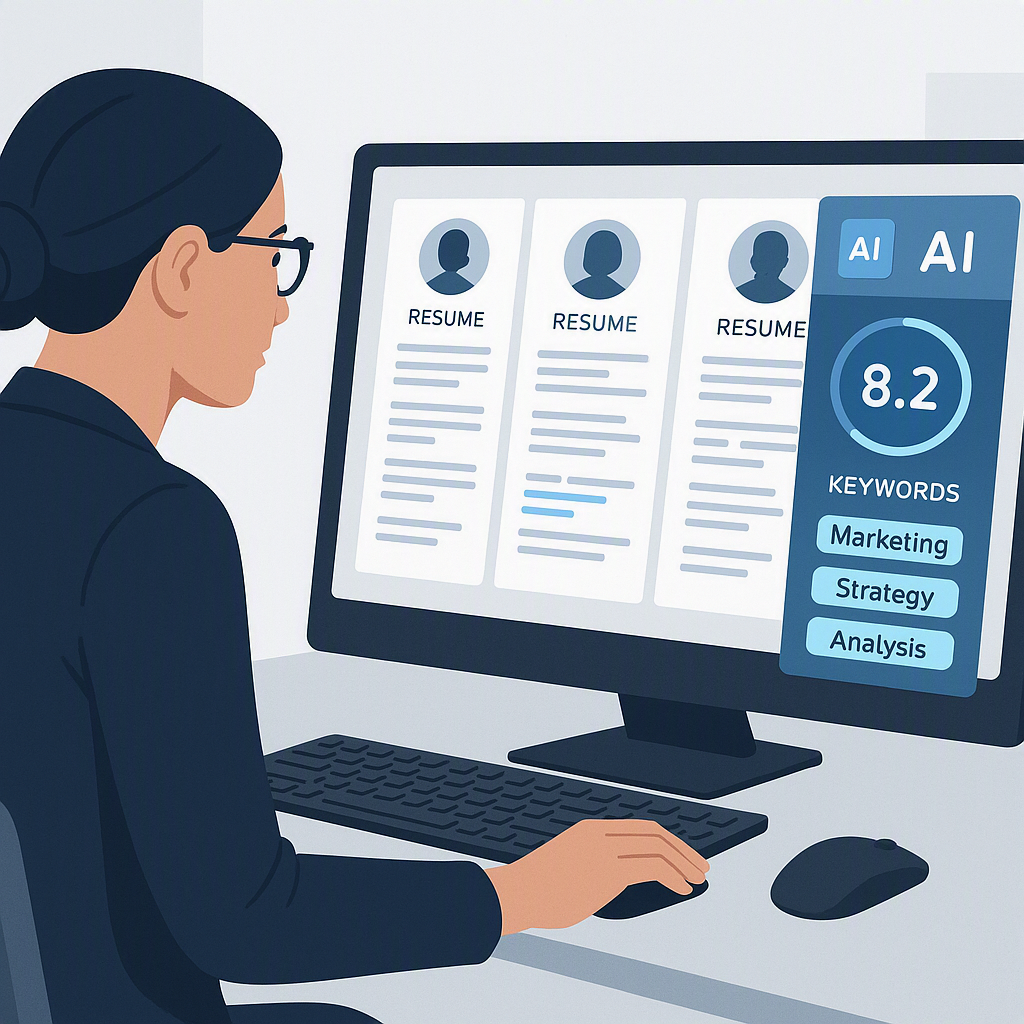 A recruiter sitting at a desk, reviewing resumes on a computer screen, with an AI interface overlay showing a candidate...