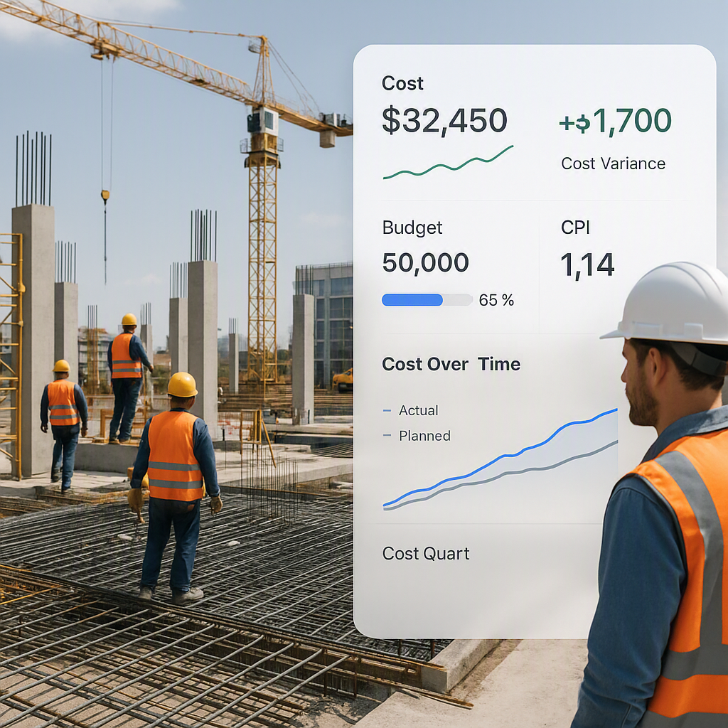 A modern construction site with workers, equipment, and a digital dashboard overlay showing real-time cost tracking metr...