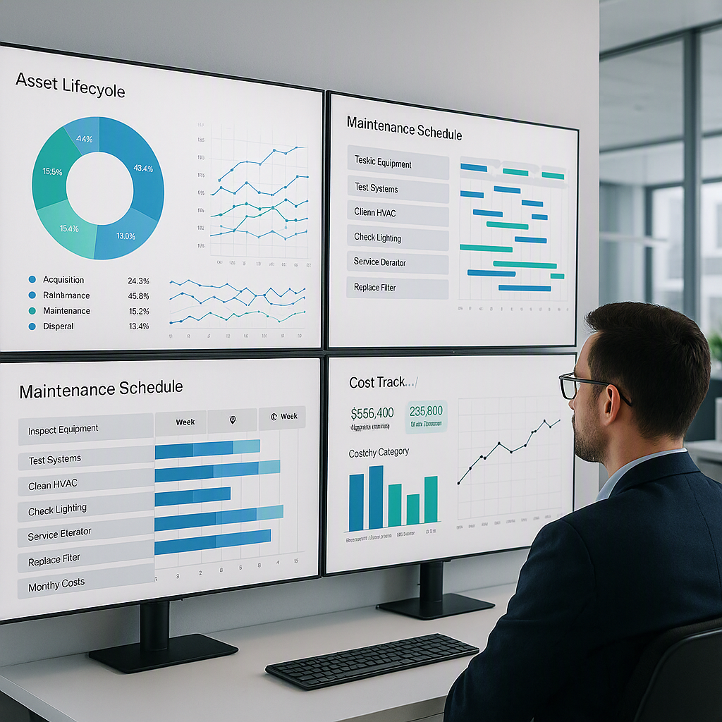 A modern facilities management control room with screens showing asset lifecycle data, maintenance schedules, and cost t...