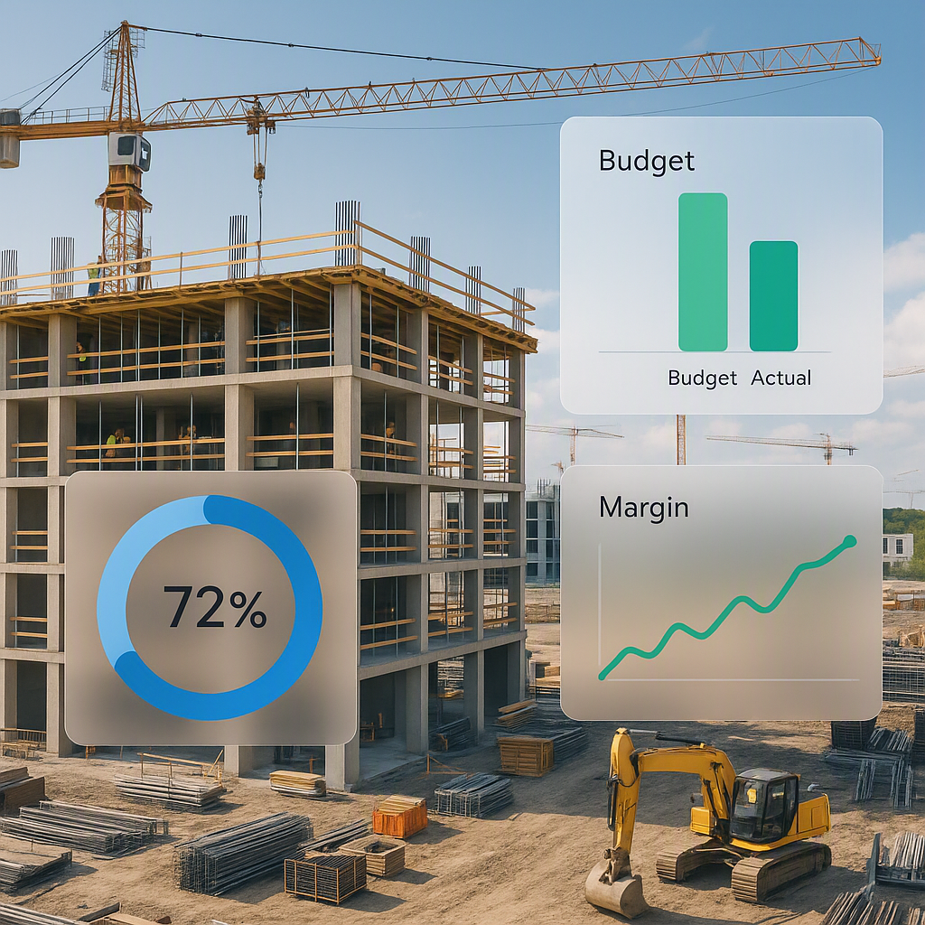 A construction site with digital dashboards overlaying real-time cost metrics, showing budget and margin data in a visua...