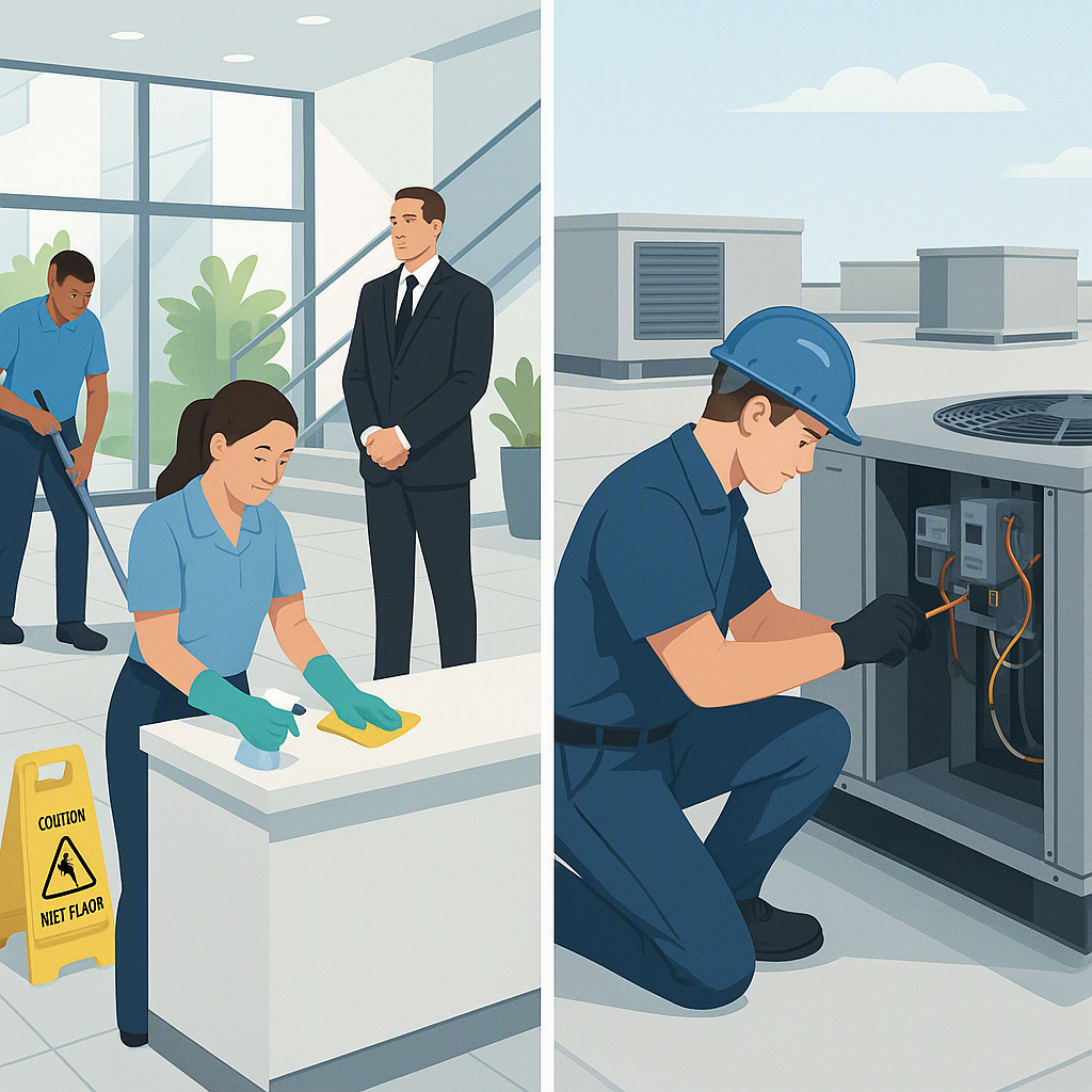 A split-screen visualization: one half shows a clean office lobby with janitors and security staff (soft FM), the other...