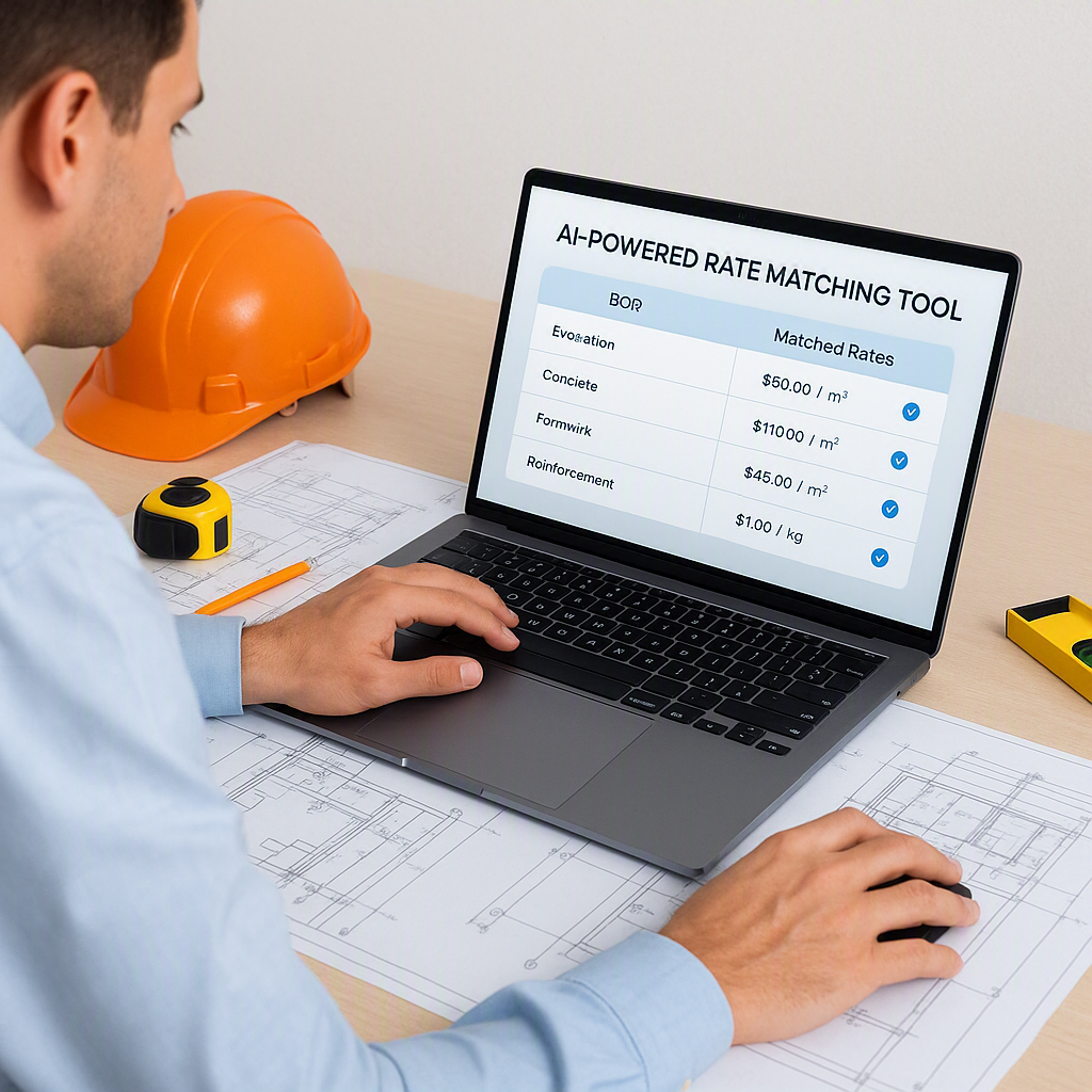 A construction estimator at a desk with a laptop displaying an AI-powered rate matching tool, showing a BOQ and matched...