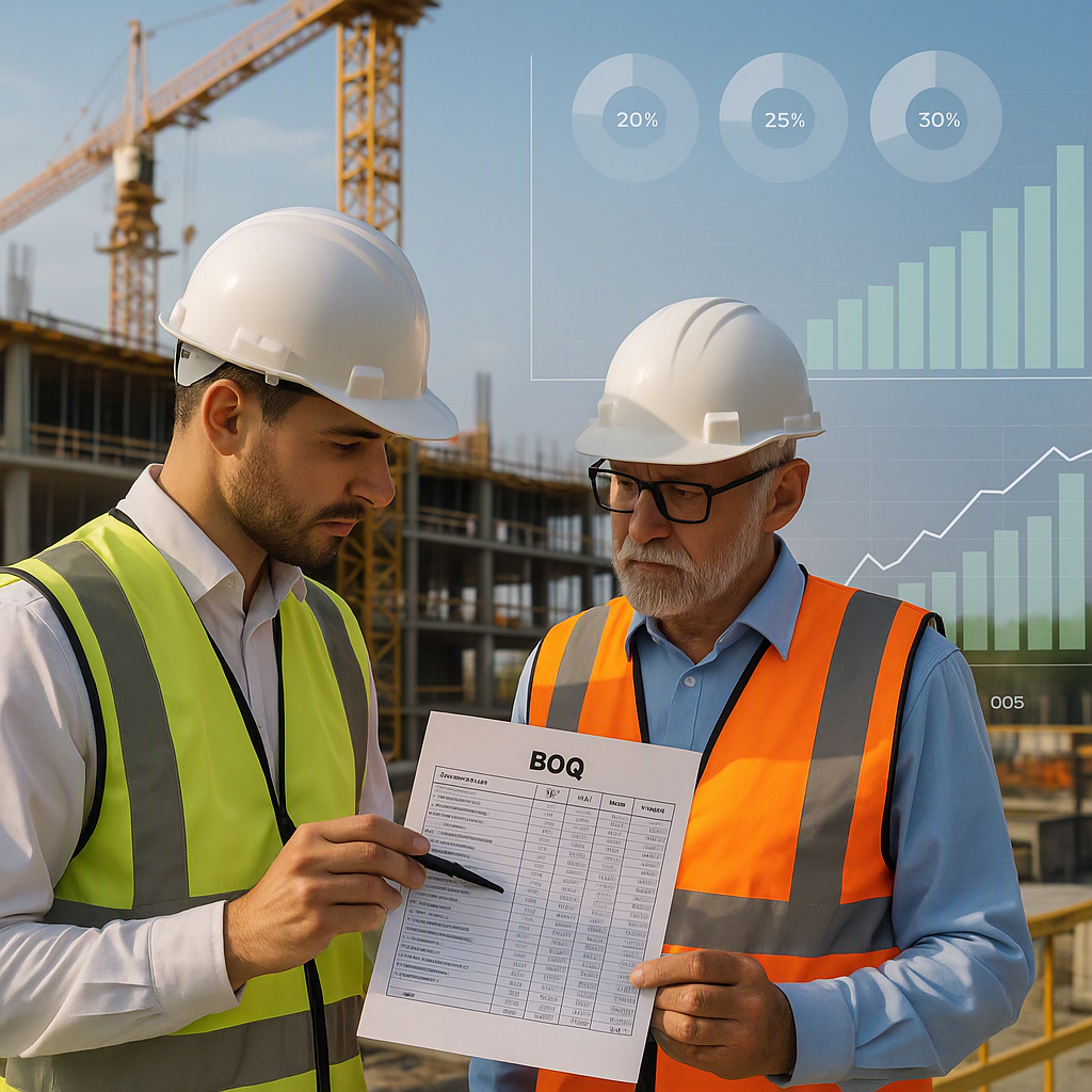 A detailed image of a construction site with engineers analyzing a BOQ sheet, overlaid with charts and cost analysis fig...