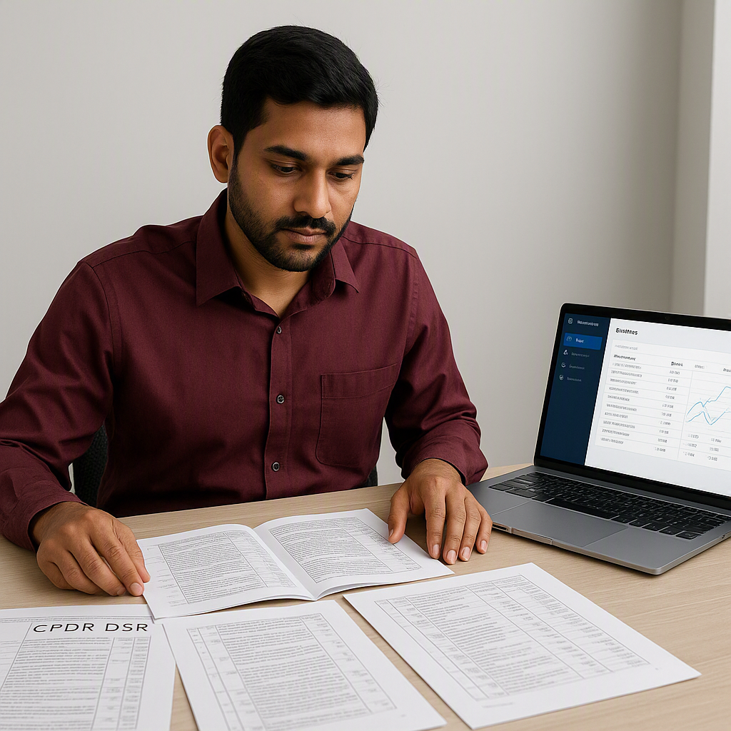 An Indian construction estimator at a desk surrounded by open CPWD DSR PDFs, with a laptop showing AI-powered estimation...