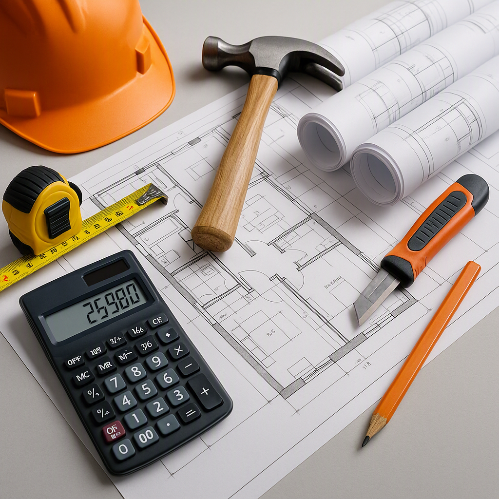 A detailed image of a general contractor's desk with blueprints, a calculator, and construction tools, symbolizing proje...