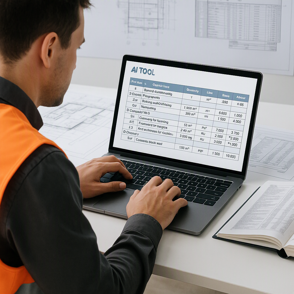 A construction estimator using an AI-powered tool on a laptop, with a detailed BOQ template displayed on the screen. Bac...