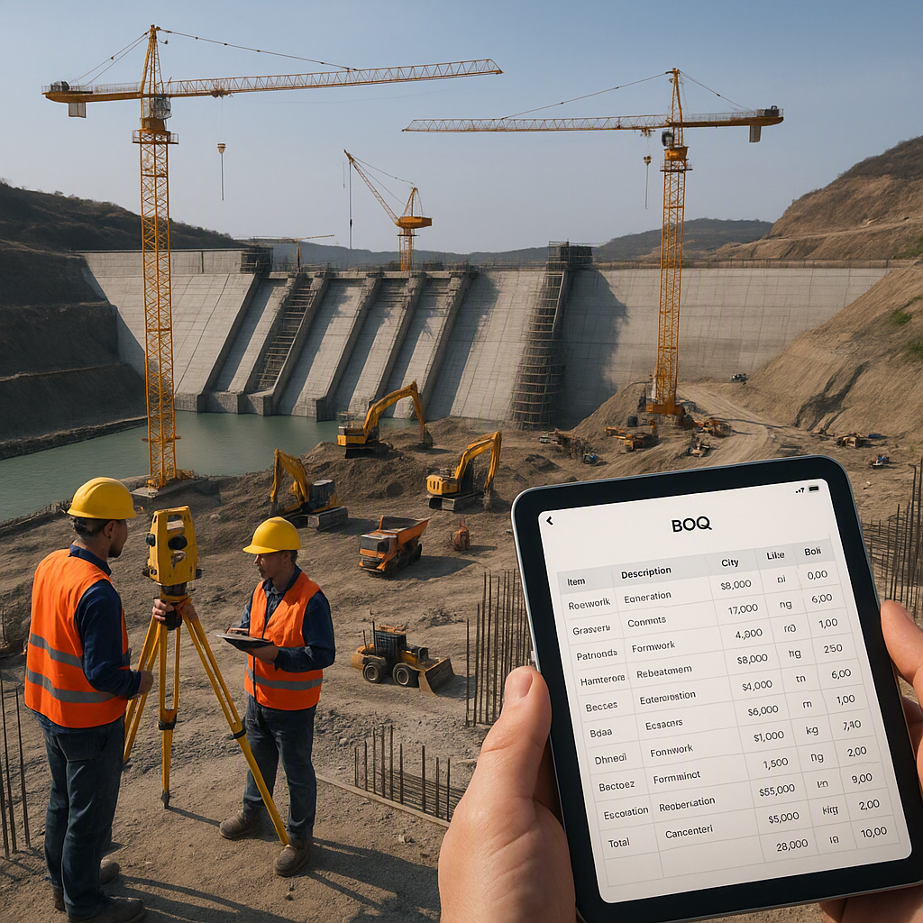 A visually striking image of a large dam construction site, showcasing cranes, machinery, and surveyors working on-site,...