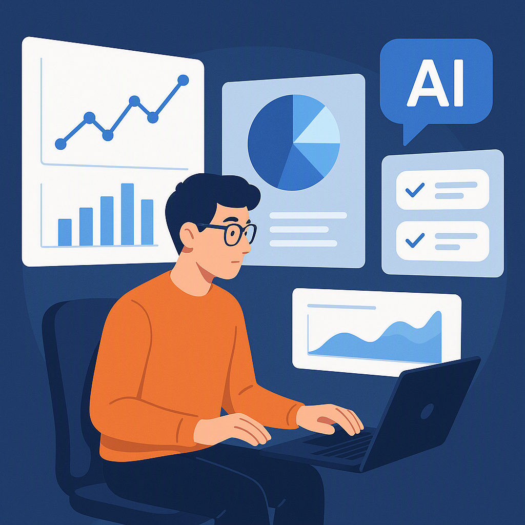 A visually striking illustration of a young worker analyzing data on multiple screens, with AI-powered feedback suggesti...