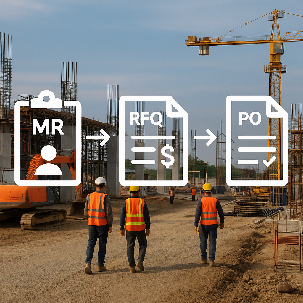 A construction project site with workers and equipment, overlayed with digital icons representing procurement workflows...