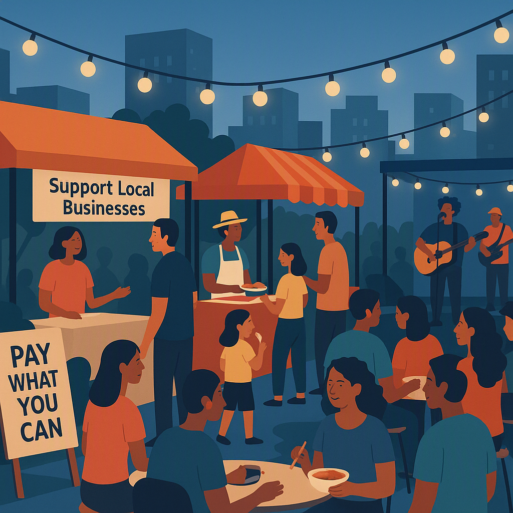 A vibrant community event scene in a city, featuring local vendors, food stalls, and a diverse crowd enjoying live music...