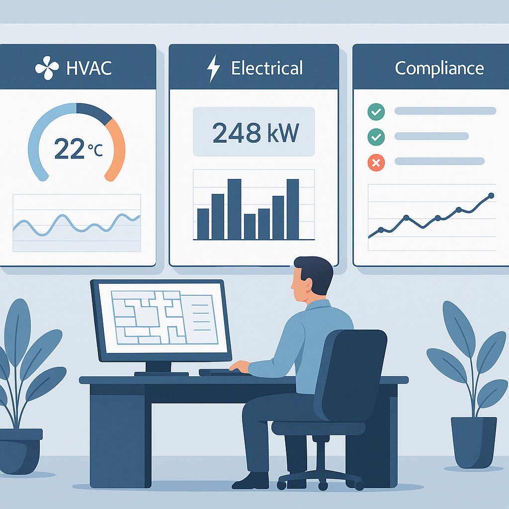 A detailed illustration of a facilities management control room with dashboards showing HVAC, electrical, and compliance...