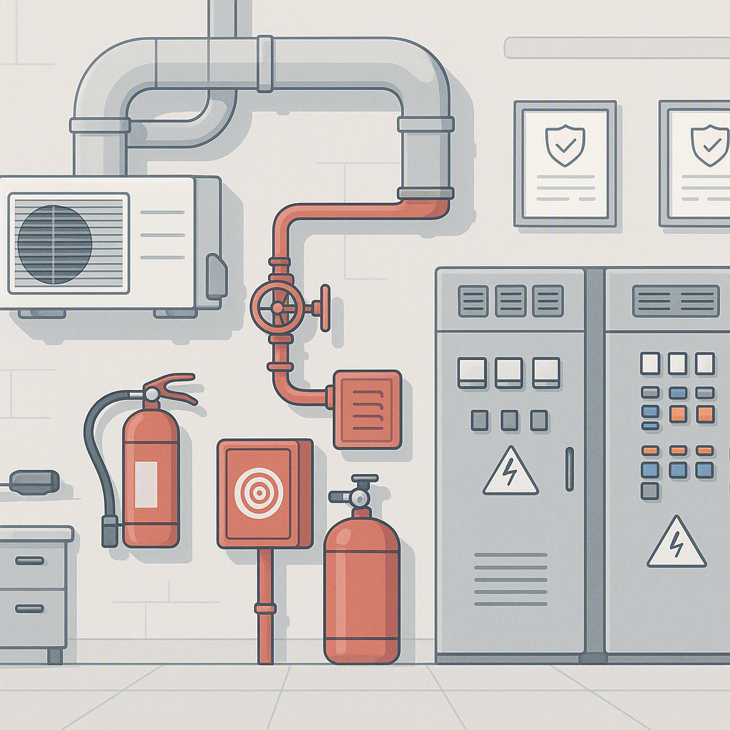 A detailed illustration of hard facilities management workflows: an HVAC system, fire suppression equipment, and electri...