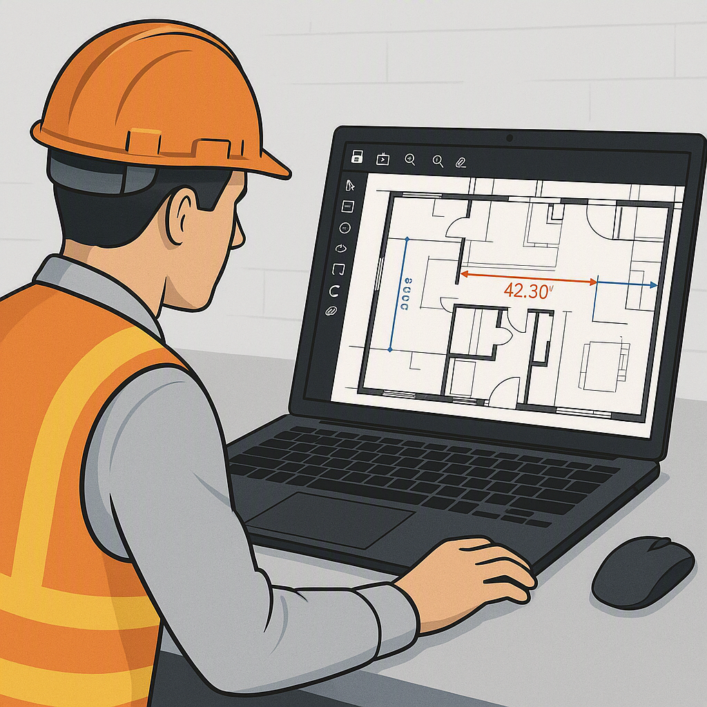 A detailed illustration of a contractor using Bluebeam Revu software on a laptop to measure a construction site blueprin...
