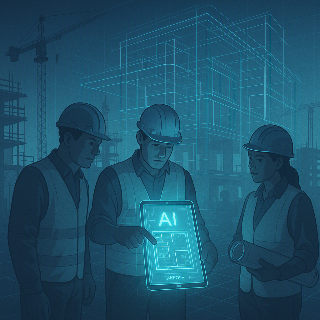 A futuristic construction project with digital blueprints overlaying a building site. Highlight a glowing AI-powered tab...