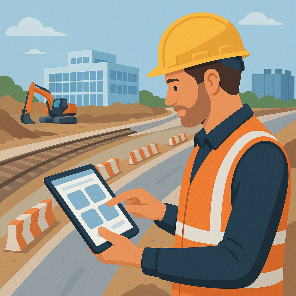 An illustrative image of a contractor at a construction site, using a mobile app on a tablet. The background includes ra...