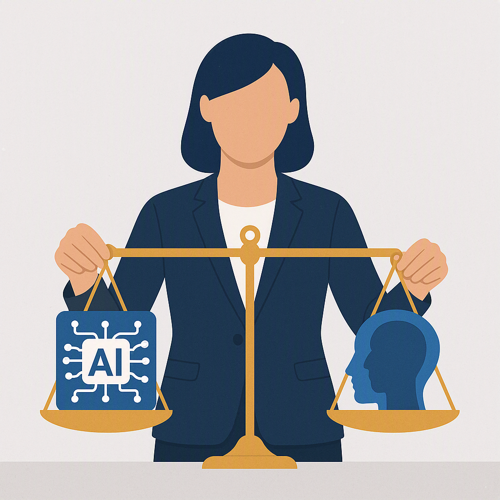 A visually striking image showing a recruiter balancing a scale with AI and human elements on either side, symbolizing h...