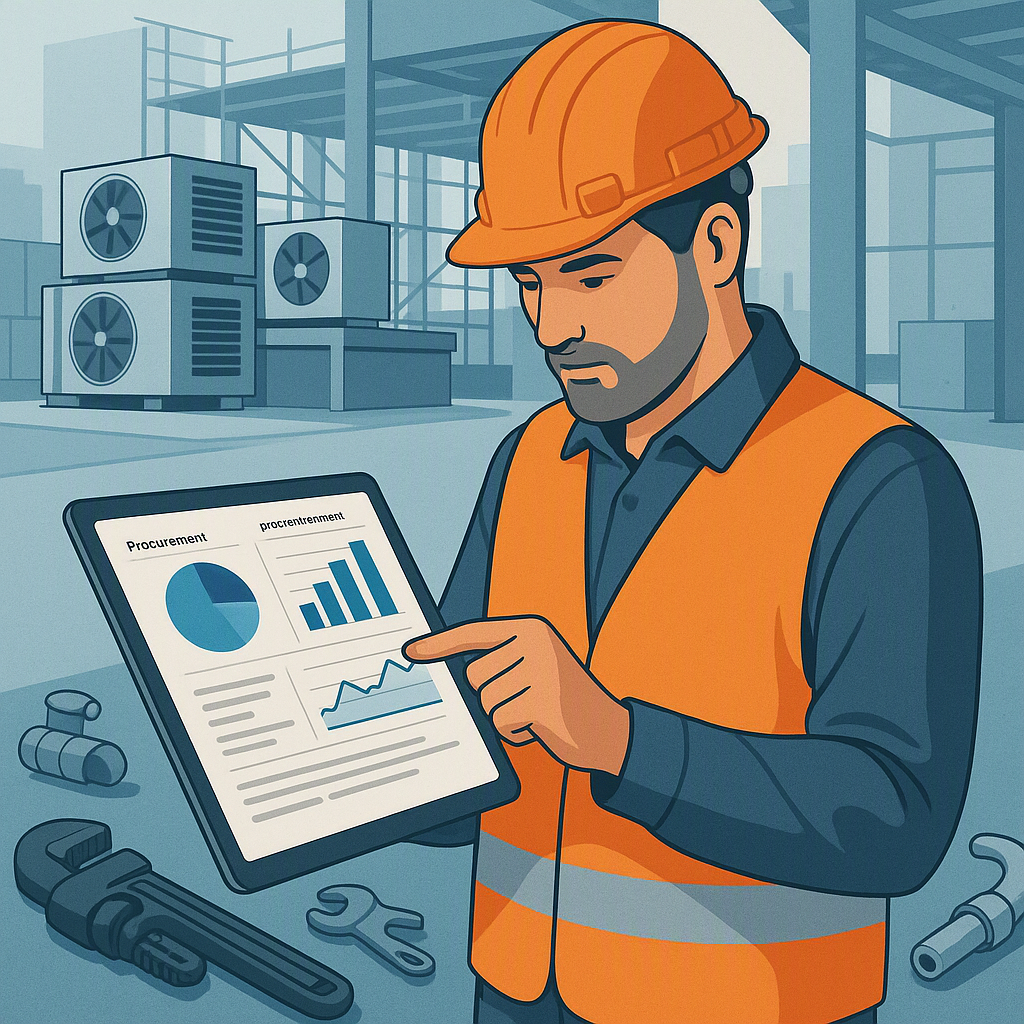 A detailed illustration of a contractor reviewing procurement dashboards on a tablet at a construction site. Include har...