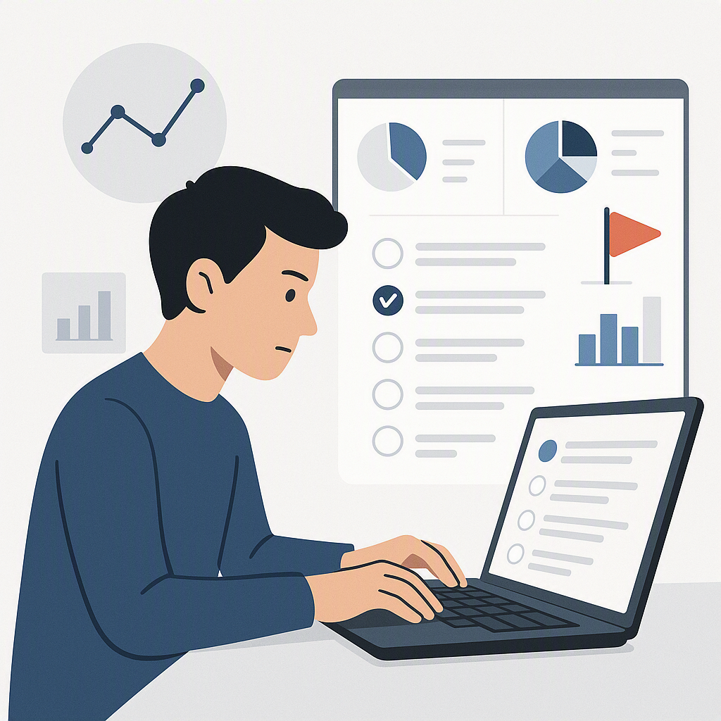 An illustration of a focused individual practicing multiple-choice questions on a laptop, with visual analytics (charts,...