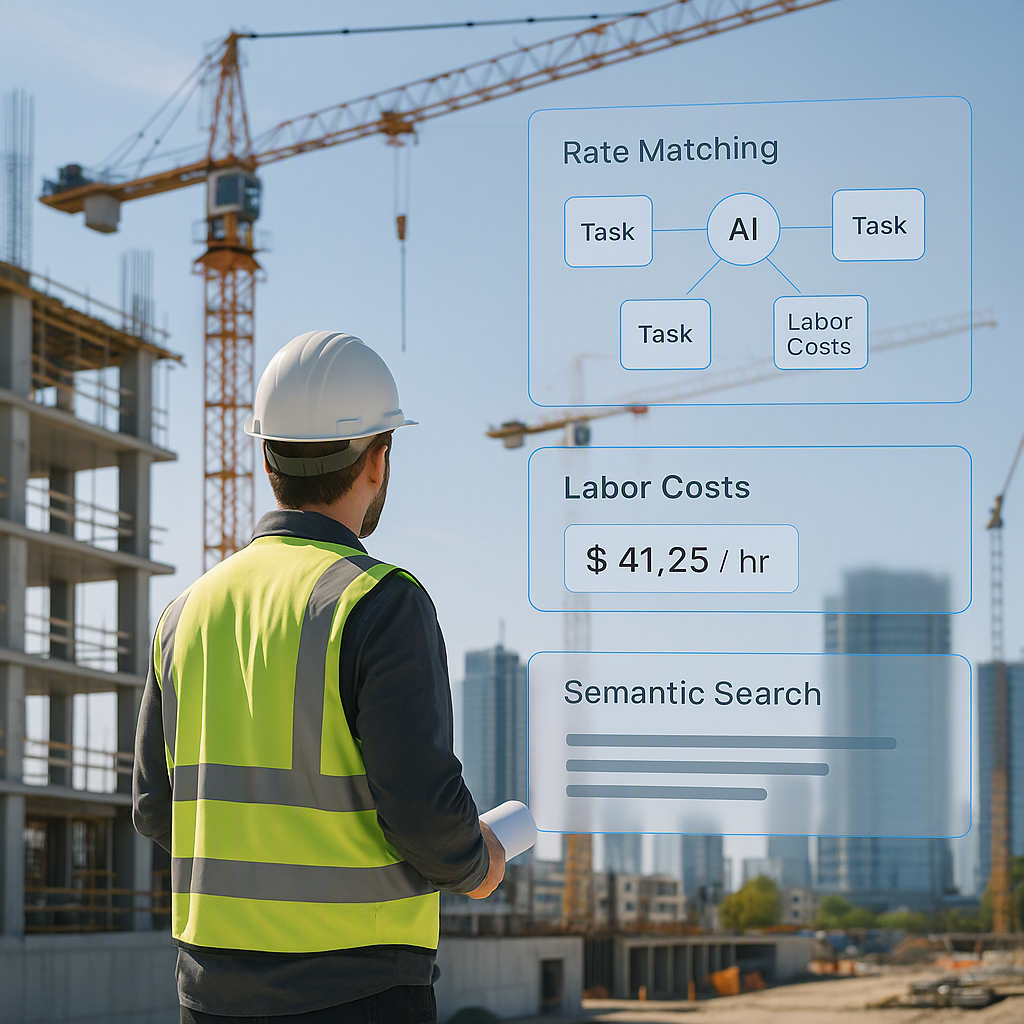 A modern construction site with a digital overlay showing AI-driven rate matching process—highlighted tasks, labor costs...