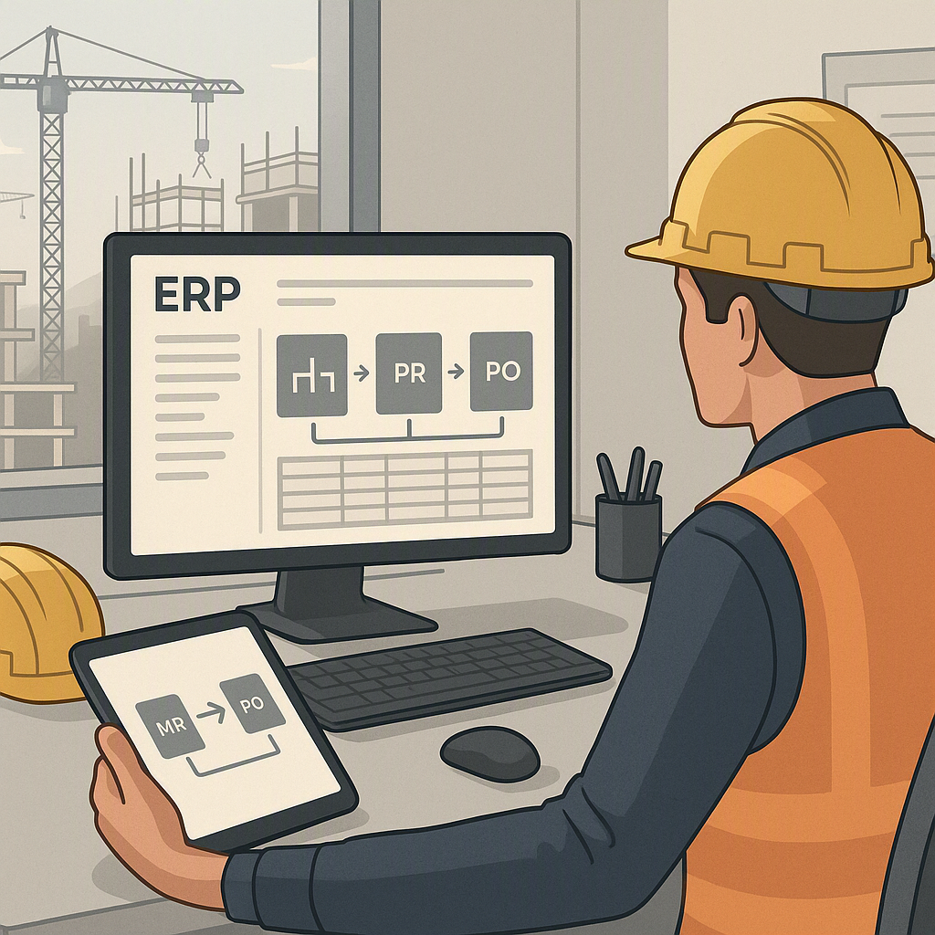 A detailed illustration of a construction site office using ERP software on a desktop and tablet, with a visible digital...