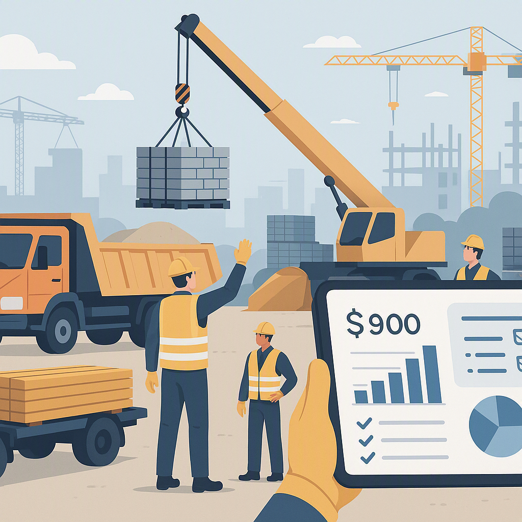 A detailed illustration of a construction site with workers managing material unloading from trucks, alongside a digital...