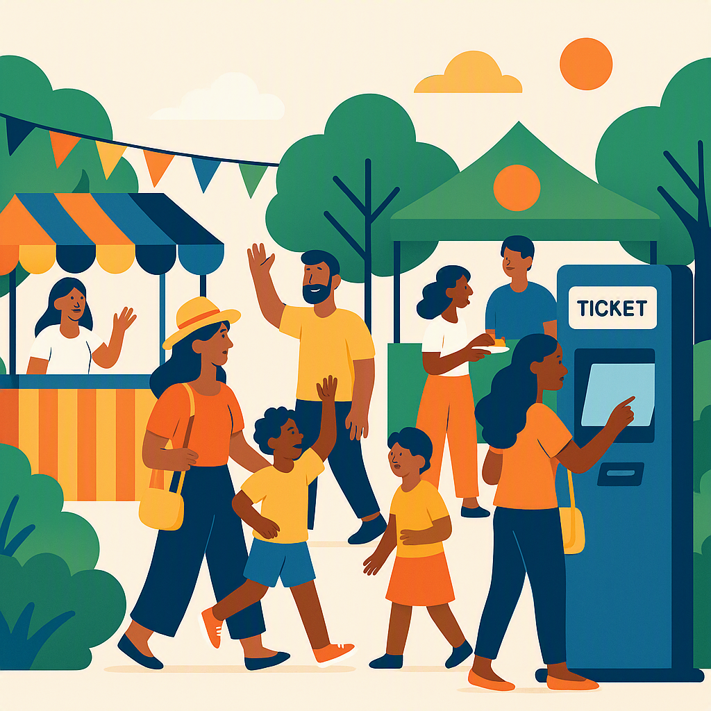 A vibrant illustration of a community festival with diverse attendees, booths, and signage reading 'Powered by Community...