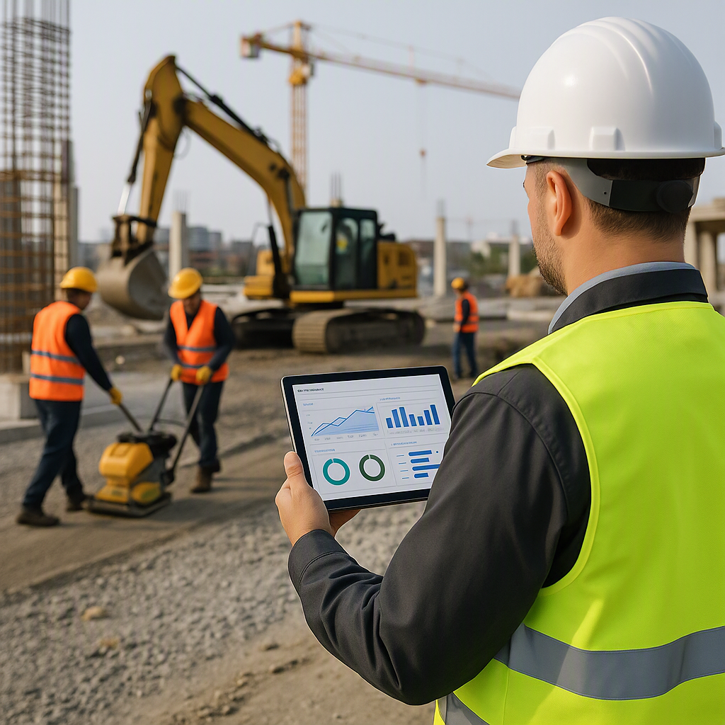 A construction site with a supervisor holding a tablet showing a real-time dashboard, surrounded by workers and equipmen...