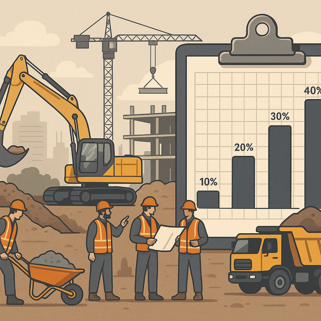 A detailed illustration of a construction site with workers, machinery, and visible BOQ margin charts overlayed on a cli...