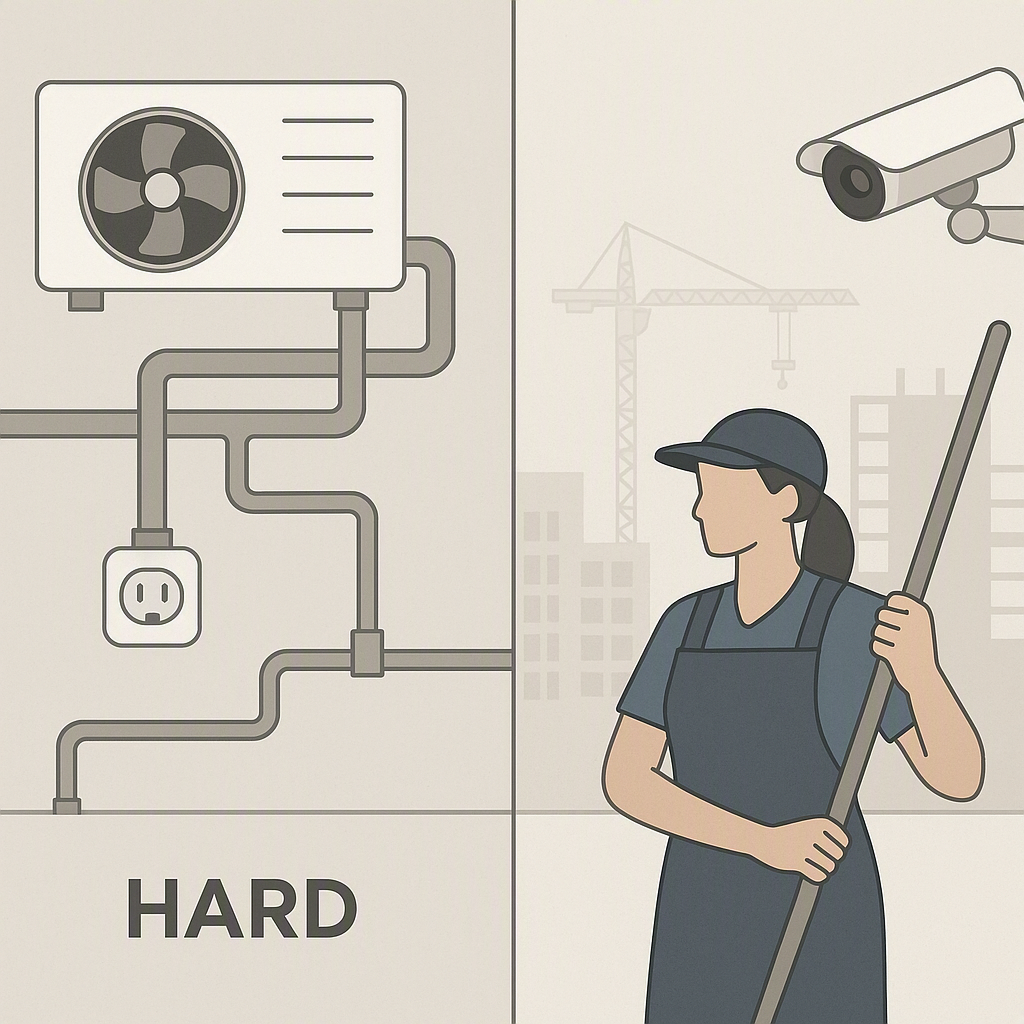 A split illustration showing 'Hard FM' (e.g., HVAC system, electrical wiring) on one side and 'Soft FM' (e.g., cleaning...