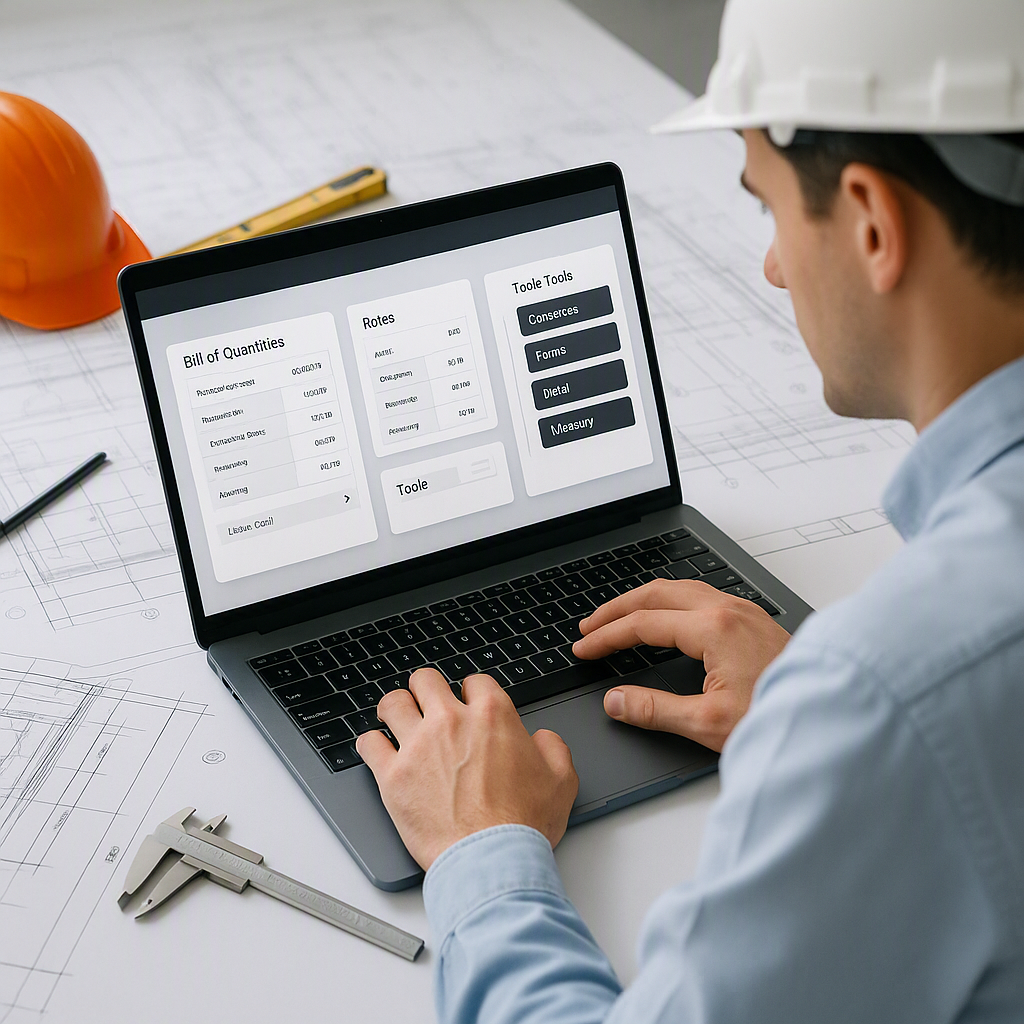 A construction estimator working on a laptop with software UI featuring BOQ parsing, rate matching, and trade-specific t...