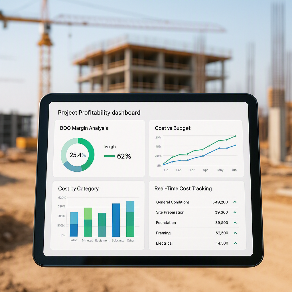 A detailed project profitability dashboard on a tablet screen, showing BOQ margin analysis and real-time cost tracking,...