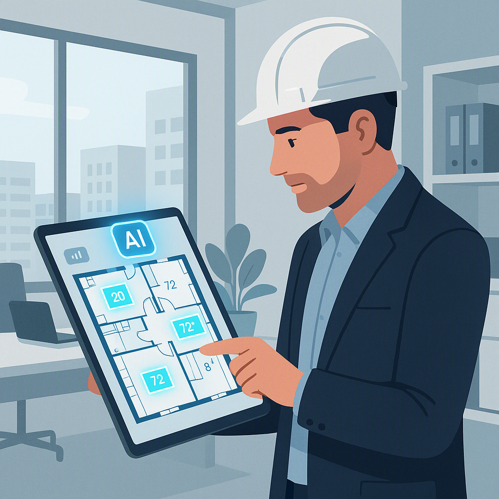Illustration of a construction estimator using a tablet with AI-powered software, showing a blueprint with highlighted t...