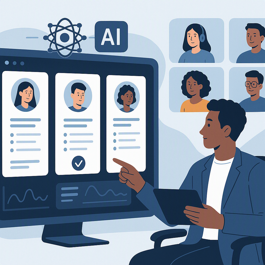 An illustration of a recruiter analyzing resumes on a futuristic AI-powered dashboard, with diverse remote workers in th...