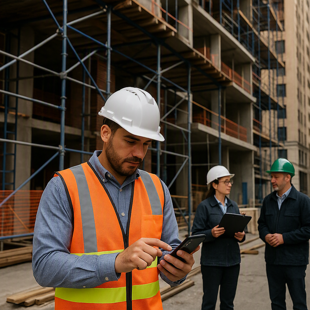 An NYC construction site with a contractor using a mobile app to log violations, with visible scaffolding and a building...