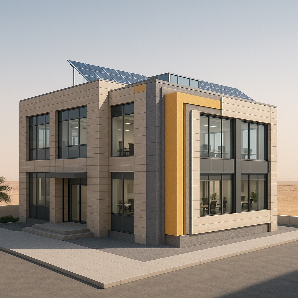 A modern GCC office building with visible thermal insulation layers and solar panels on the roof, set against a clear de...