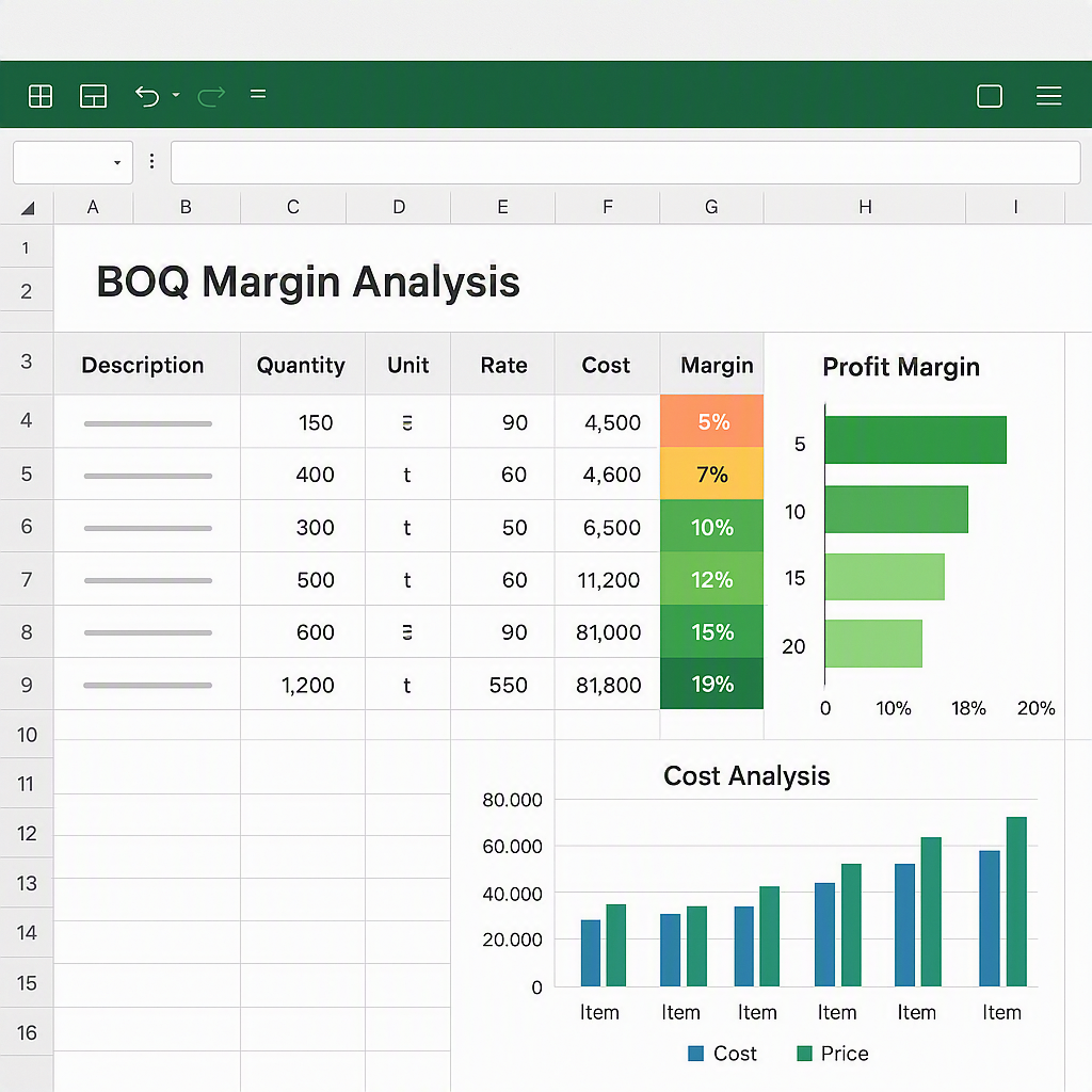 A detailed and clean Excel template screenshot showing BOQ margin analysis with color-coded profit margins and clear cha...