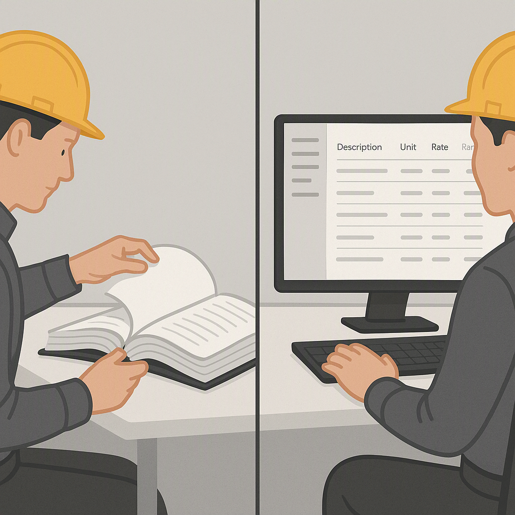 A side-by-side comparison of a construction estimator flipping through thick rate books versus an AI-powered dashboard i...
