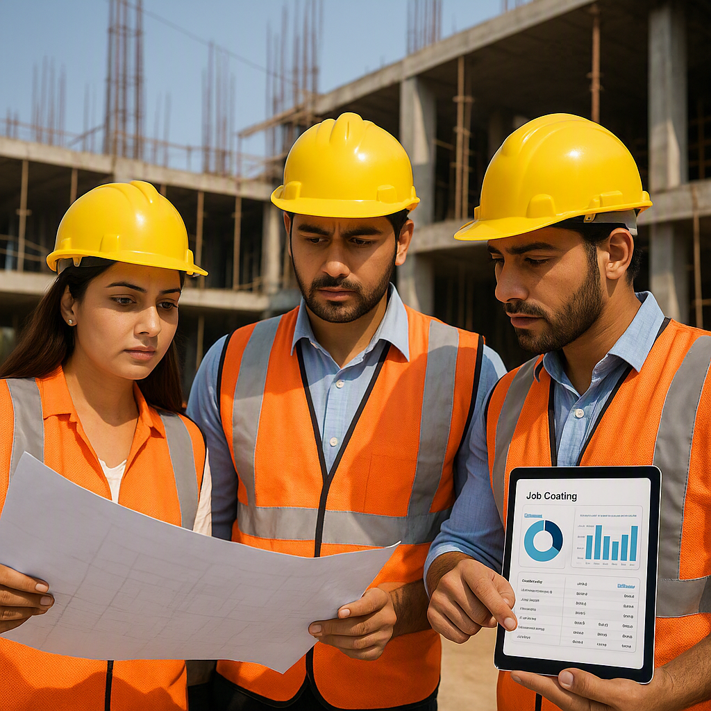 An Indian construction site with workers reviewing blueprints and a digital tablet showing a job costing dashboard.
