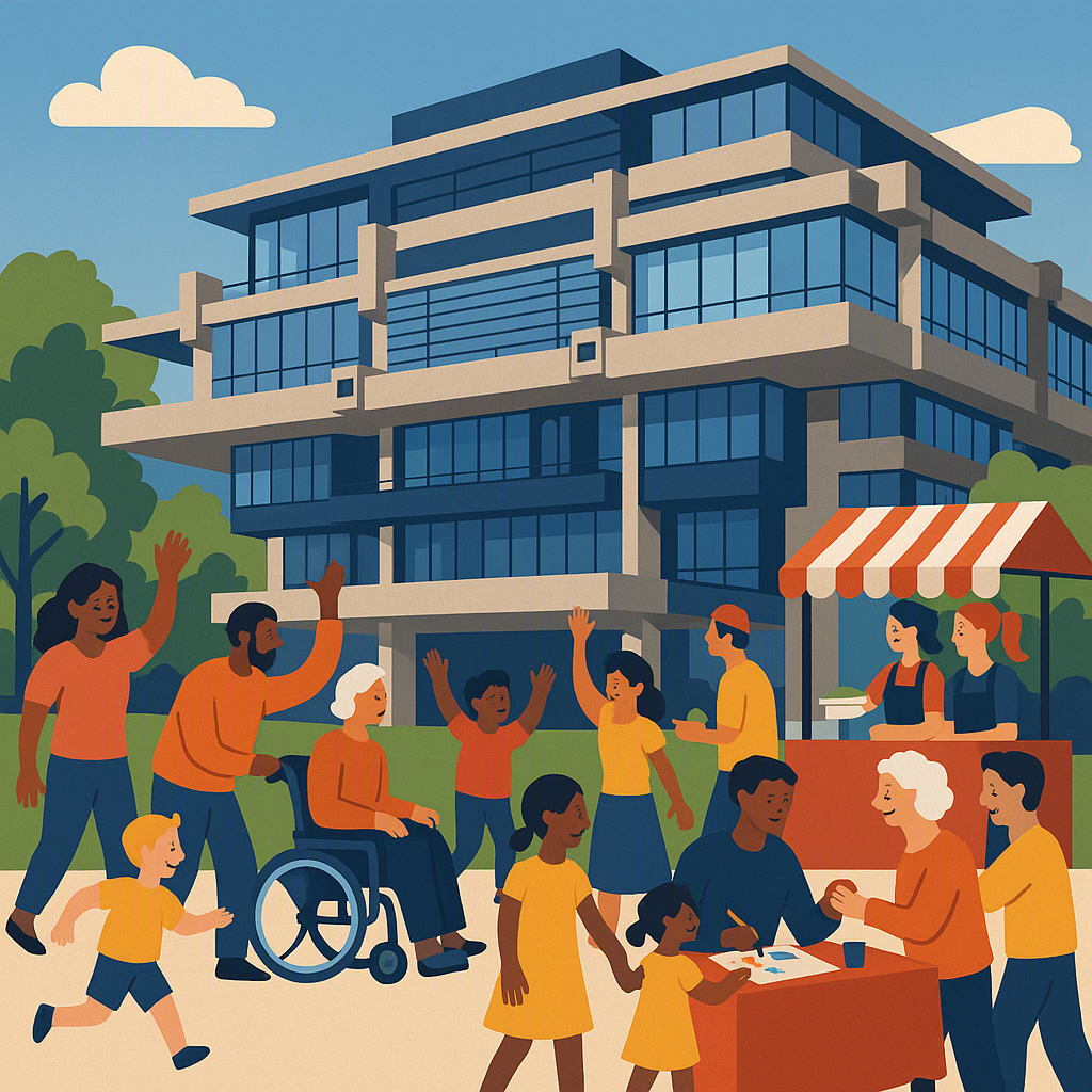 A vibrant illustration of a diverse community event with people of all ages and backgrounds participating, set against a...