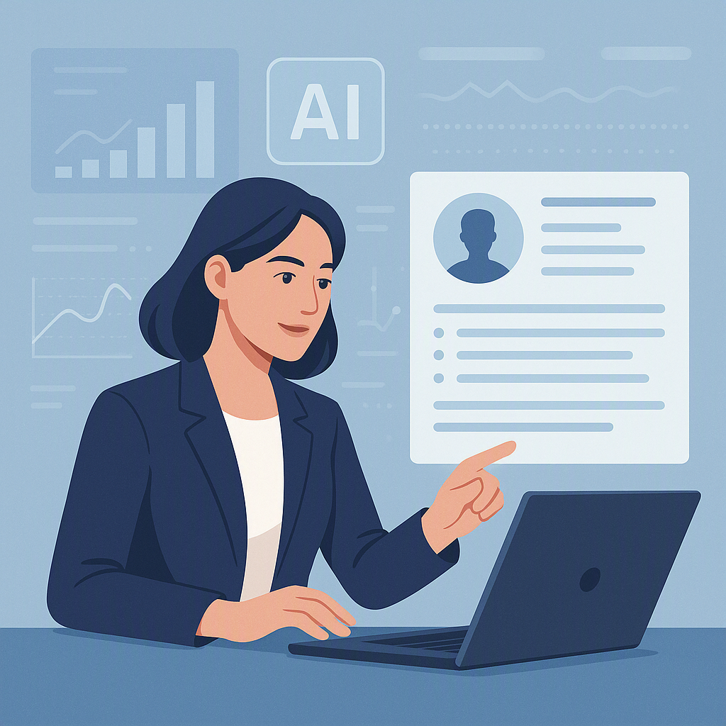 A dynamic image of an HR professional working alongside an AI-powered computer interface, with digital elements like gra...