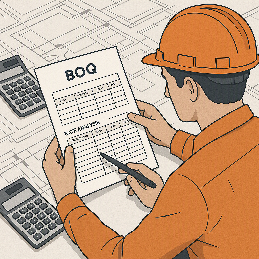 A detailed illustration of a contractor reviewing a BOQ sheet with rate analysis breakdowns, surrounded by construction...