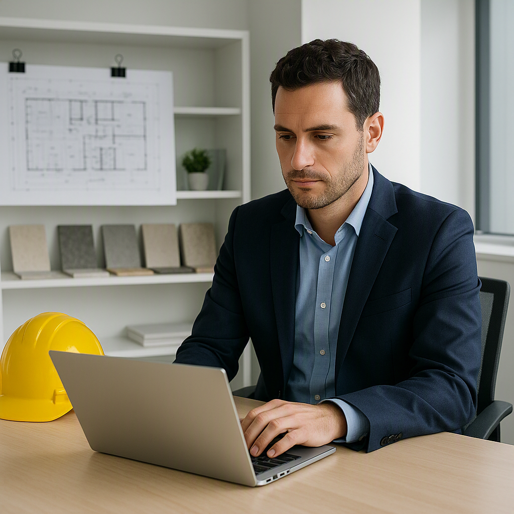A professional construction procurement manager working on a laptop in a modern office with blueprints and material samp...