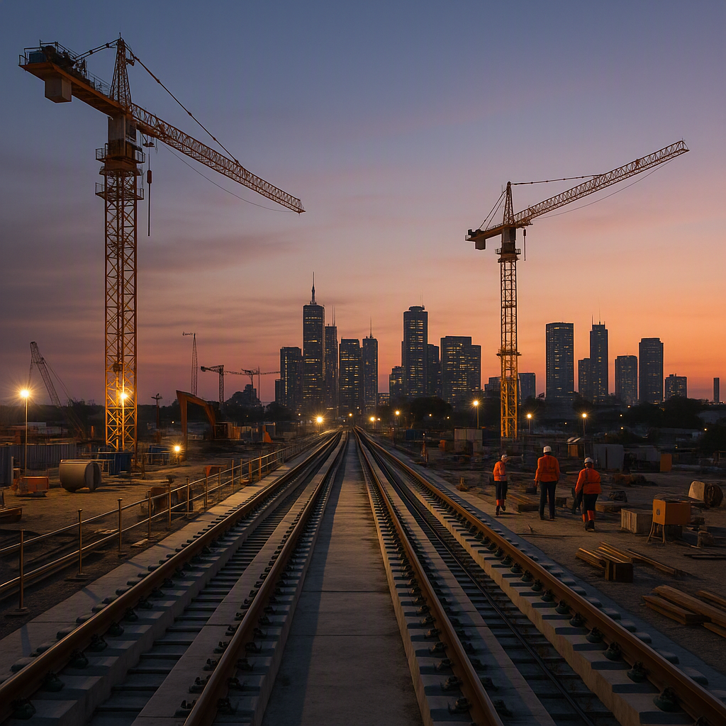 A construction site at dusk showing transit tracks under construction, with cranes, workers, and equipment. Modern city...