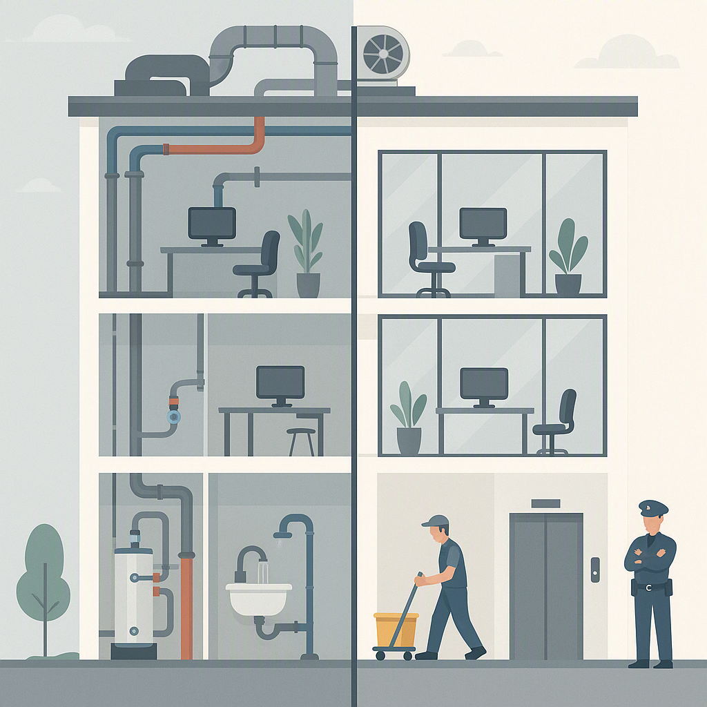 A detailed illustration showing two halves of a modern office building: one side with technical hard services (HVAC, plu...