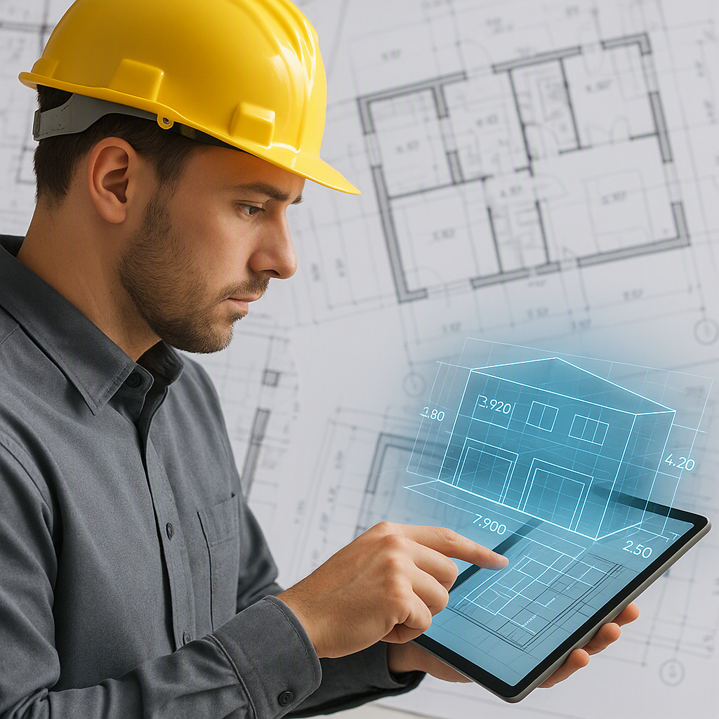 A construction estimator working on a tablet, with AI-generated building plans overlayed on the screen. Include architec...