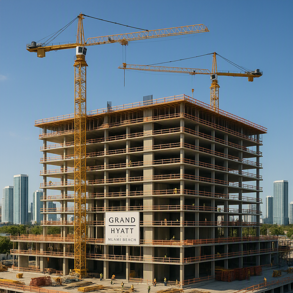 A detailed rendering of the Grand Hyatt Miami Beach hotel under construction, featuring cranes, workers, and a clear vie...